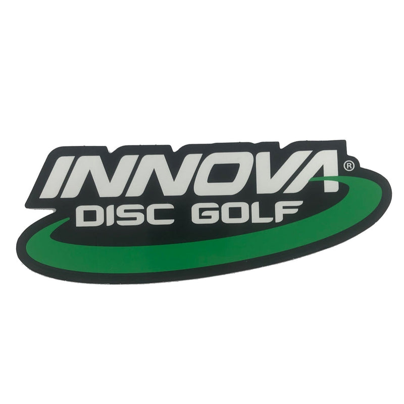 Black and white Innova Disc Golf die-cut sticker with a green swoosh underneath the text.