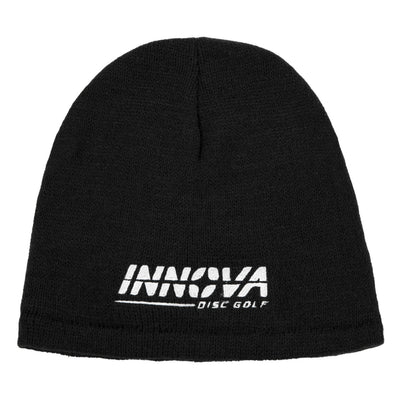 Black knit beanie hat with the white "Innova DISC GOLF" text logo embroidered across the front.