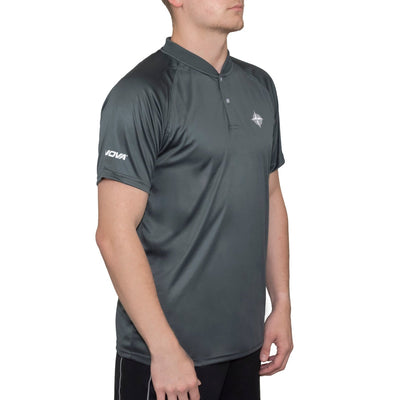 Men's Innova Blade Polo shirt in charcoal gray with a two button placket, collarless design, and white logos.