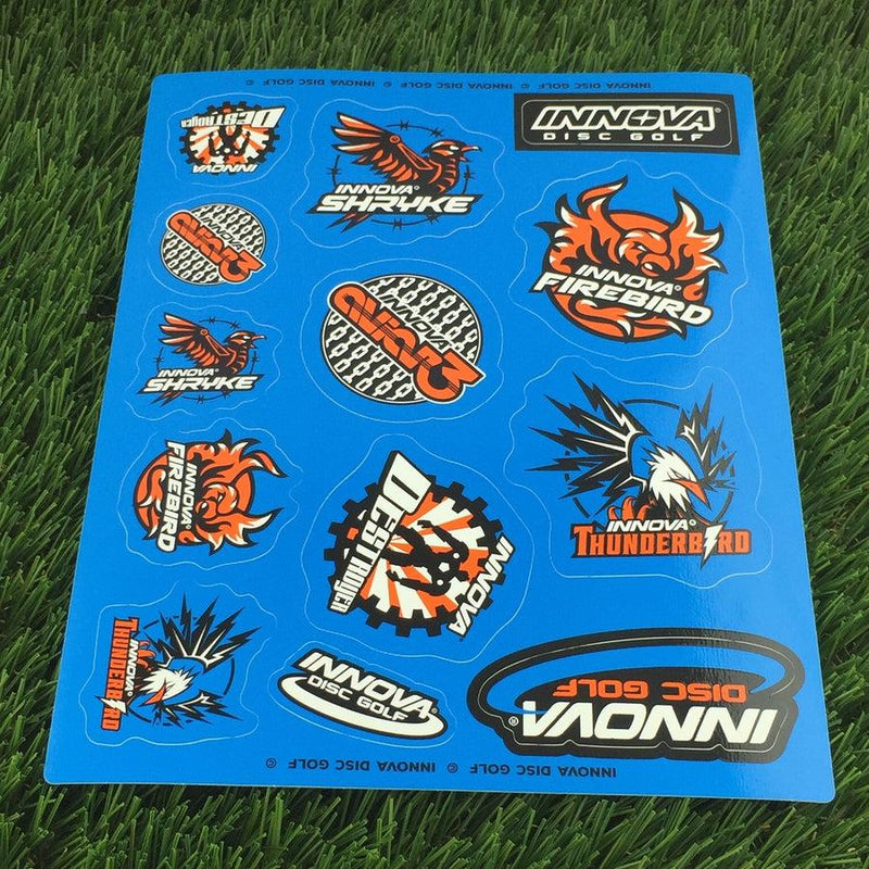 Blue Innova mold logo sticker sheet featuring colorful designs for Shryke, Firebird, Destroyer, and Thunderbird discs.