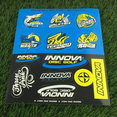 Blue Innova disc golf sticker sheet with various yellow and blue brand and mold logos.
