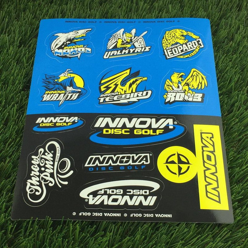 Blue Innova disc golf sticker sheet with various yellow and blue brand and mold logos.