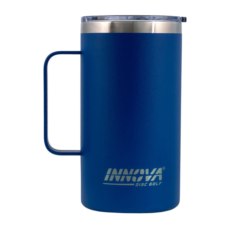 Blue Innova insulated mug with a matching handle features a silver metallic translucent lid and a silver Innova logo.