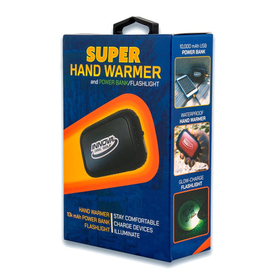 Innova Super Hand Warmer and Power Bank in its blue and orange retail box with product features and images.