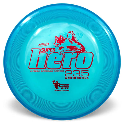 Blue Innova Hero SuperHero 235 dog disc with a red jumping dog graphic and "Super Hero" text.