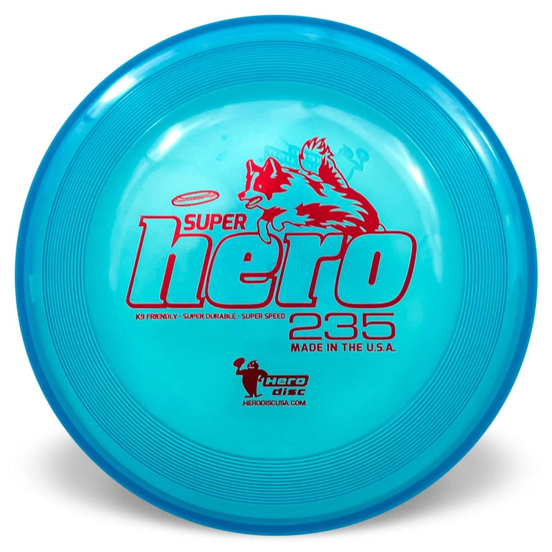 Blue Innova Hero SuperHero 235 dog disc with a red jumping dog graphic and "Super Hero" text.