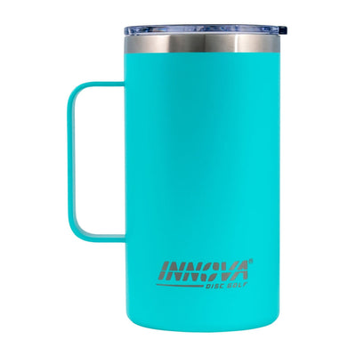 Aqua blue Innova insulated mug with a matching handle, clear lid, and brushed silver Innova Disc Golf logo.