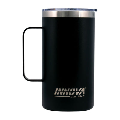 Black insulated mug with a black handle, a silver rim, a clear lid, and a white Innova Disc Golf logo.