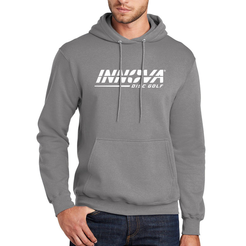 Gray pullover hoodie with a white Innova Burst logo, adjustable drawstring hood, and a large front pocket.
