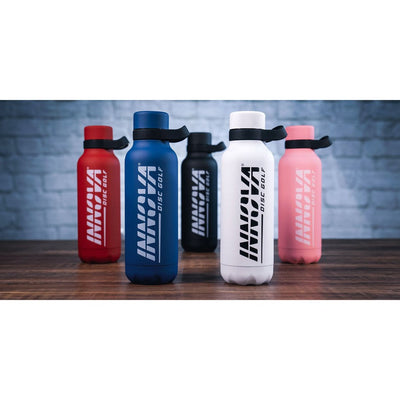 Five 22oz Innova Burst Logo insulated bottles in red, blue, black, white, and pink with black carry rings.