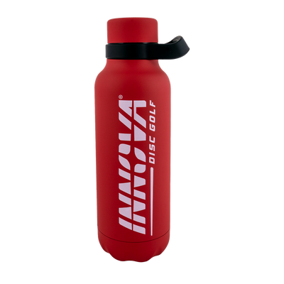 Red insulated bottle with a black plastic carry handle, a red lid, and a white Innova Burst Logo.