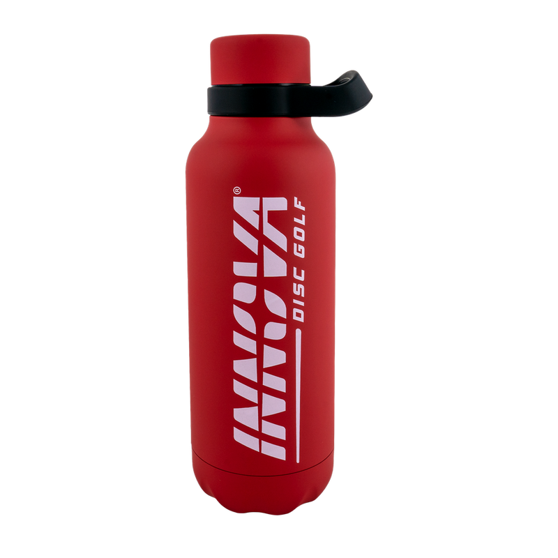 Red insulated bottle with a black plastic carry handle, a red lid, and a white Innova Burst Logo.