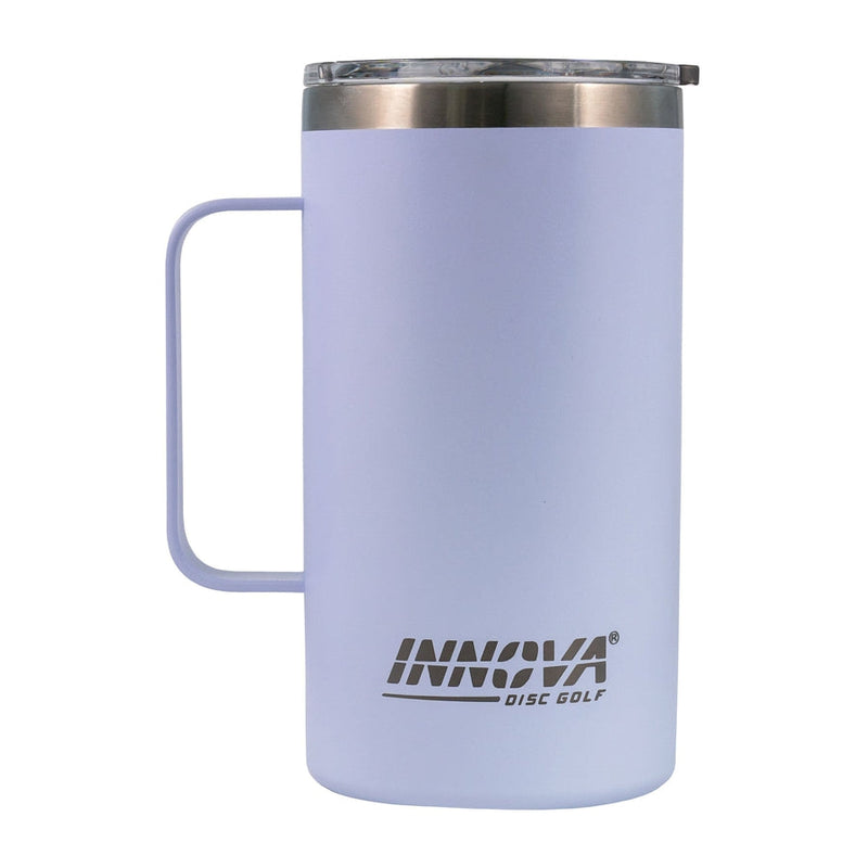 Light purple Innova Burst insulated mug with a matching handle and a gleaming clear plastic lid.