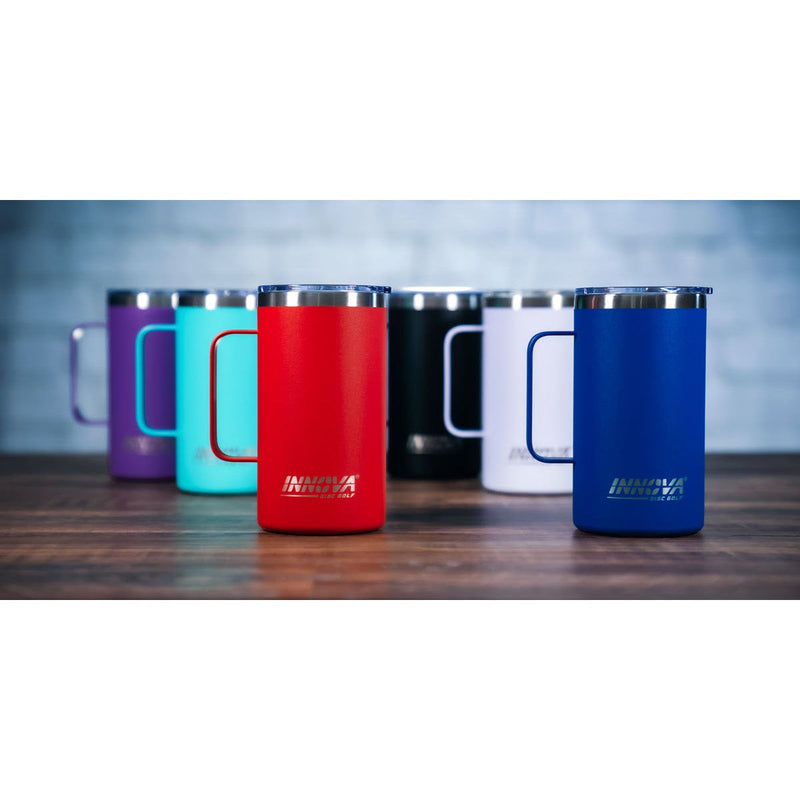 Six colorful Innova insulated mugs, each with a silver rim and the Innova Burst logo displayed on the front.