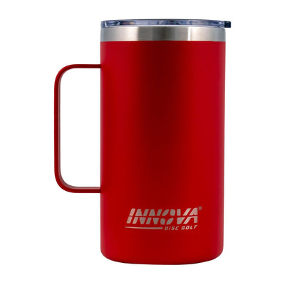 Red Innova insulated burst logo mug with a silver lid and a large curved handle.