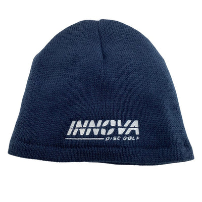 Navy blue knit beanie with a white embroidered Innova Burst logo and "DISC GOLF" text.