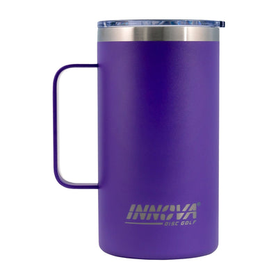 Purple Innova Burst Logo insulated travel mug with a matching handle and a gleaming stainless steel lid.