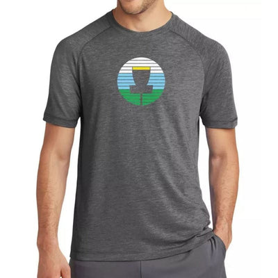 Dark gray Innova tri-blend short sleeve jersey with a colorful disc golf basket medallion logo.