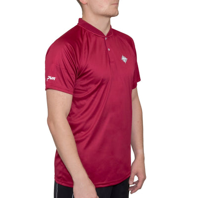 A male model wears a deep red Innova Blade Polo with a Mandarin collar and a prominent chest logo.