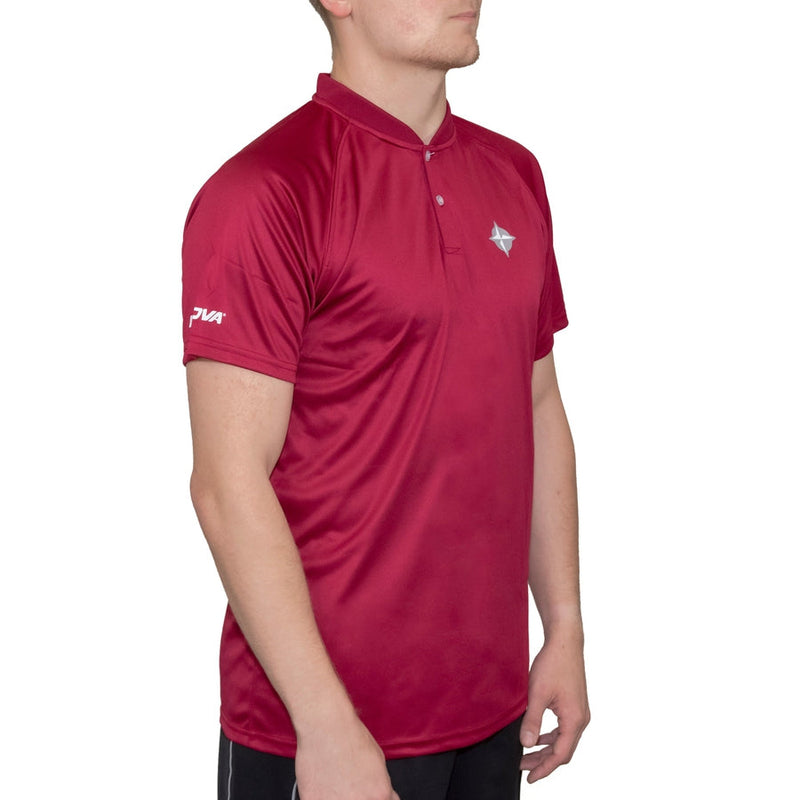 A male model wears a deep red Innova Blade Polo with a Mandarin collar and a prominent chest logo.