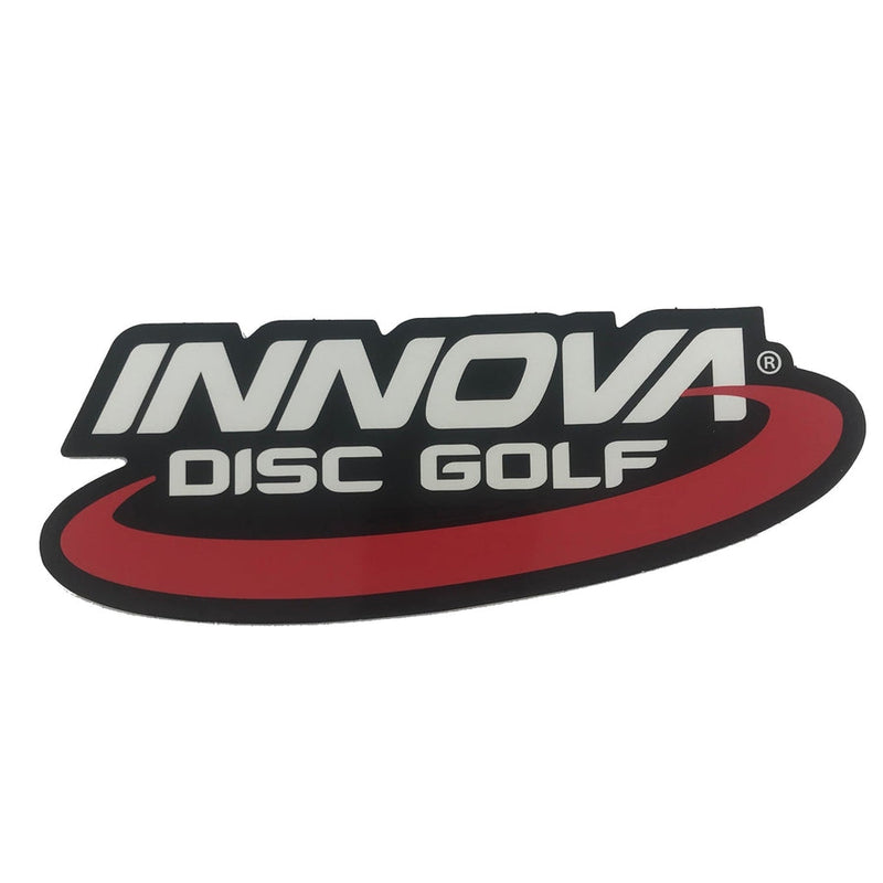 Die-cut Innova Disc Golf sticker in black with white lettering for "INNOVA" and "DISC GOLF" and a red swoosh.