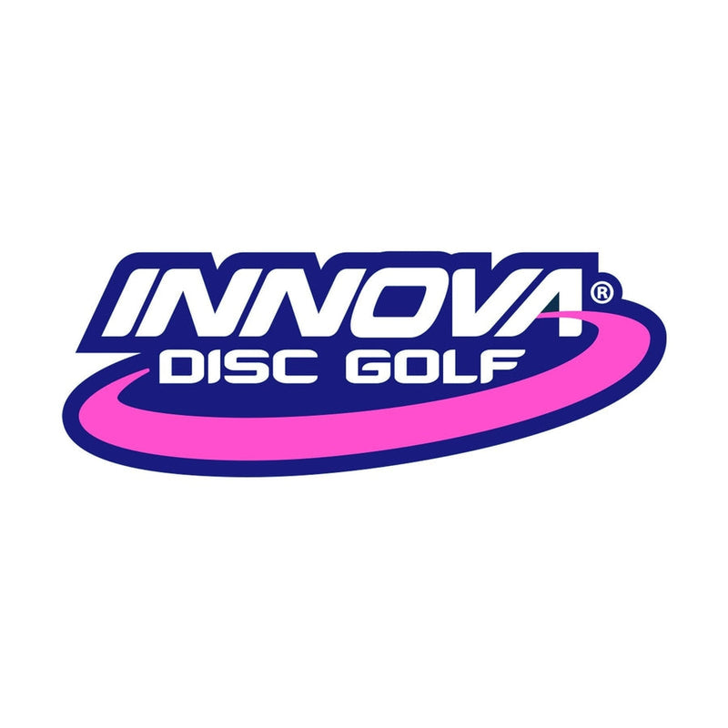 A die-cut Innova Disc Golf sticker shows the brand name in blue with white outline and an underlying pink oval.