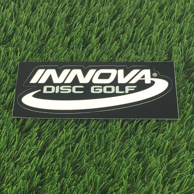 Black Innova Disc Golf logo die cut sticker with a white border and glossy finish.