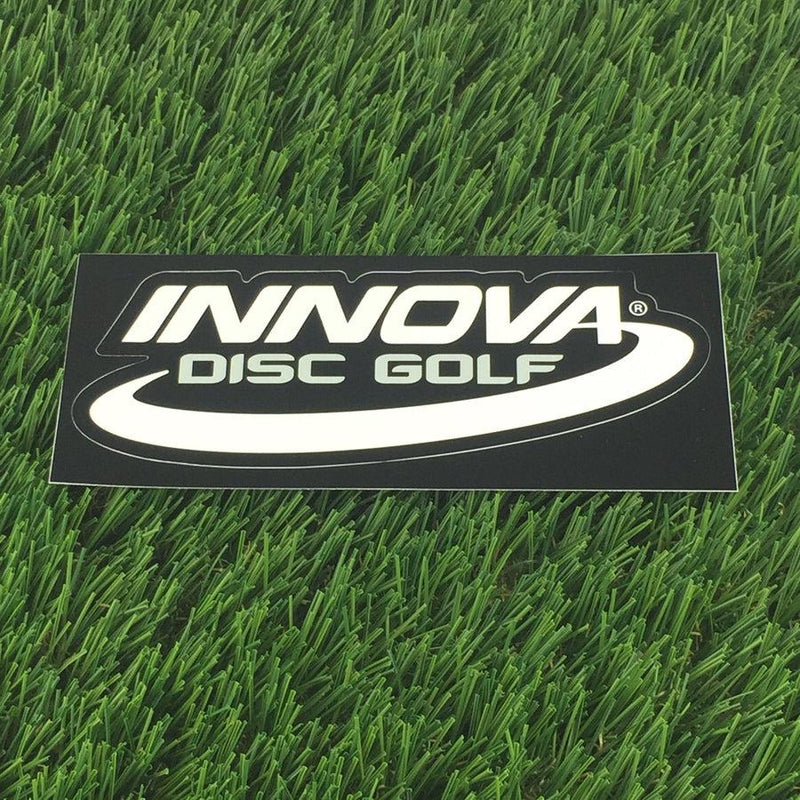 Black Innova Disc Golf logo die cut sticker with a white border and glossy finish.