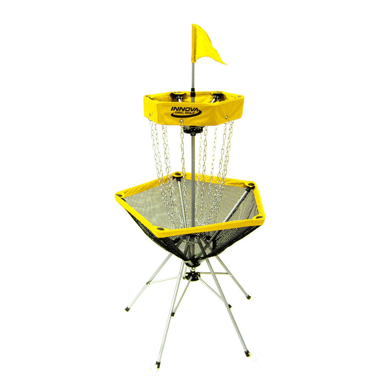 Yellow Innova Discatcher Traveler target with a black basket and silver chains on a tripod base.