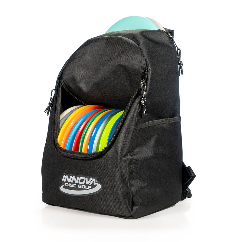 Black Innova Discover Bag disc golf backpack with various colorful discs visible in the main compartment.