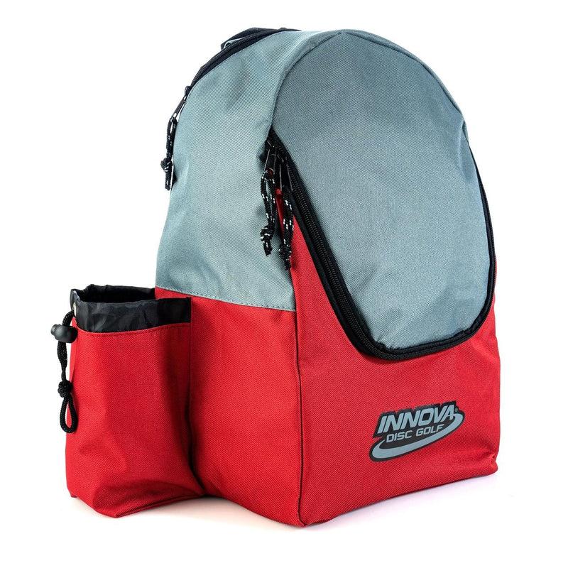 Red and gray Innova Discover Bag with a black zipper and side pocket with a drawstring.