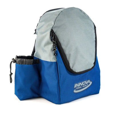 Royal blue and gray Innova Discover Bag with a side pocket and two zippered compartments.