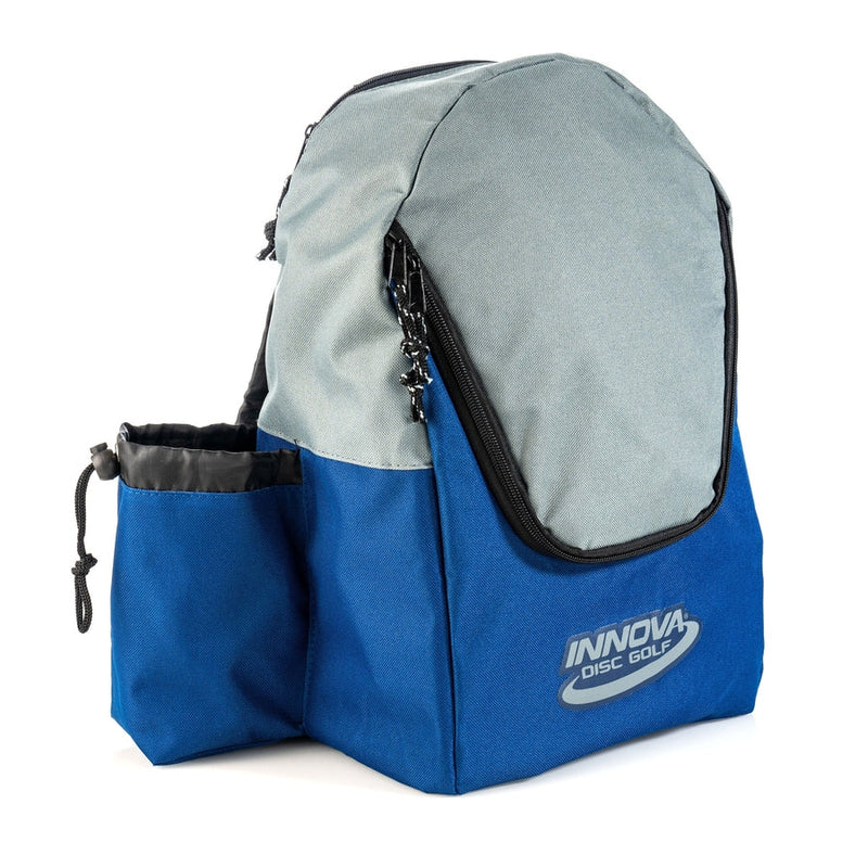 Royal blue and gray Innova Discover Bag with a side pocket and two zippered compartments.