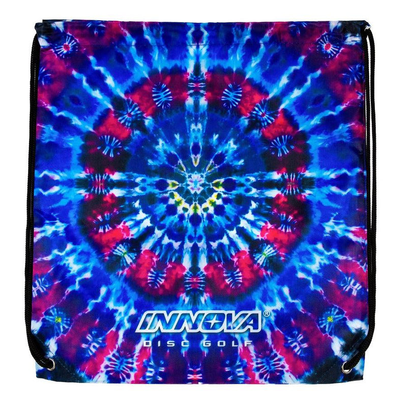 Colorful Innova drawstring bag with a blue, red, and purple tie-dye pattern centered on the white Innova logo.