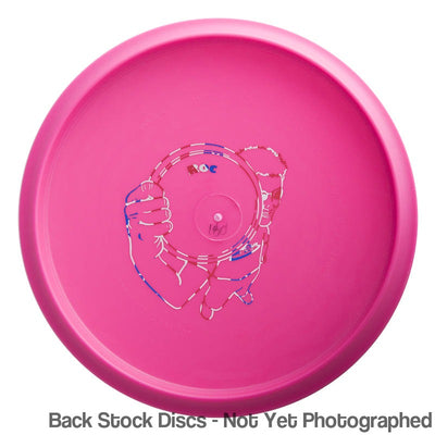 Pink Innova DX Roc bottom with a white, red, and blue line art "Roc" stamp of hands holding a record.