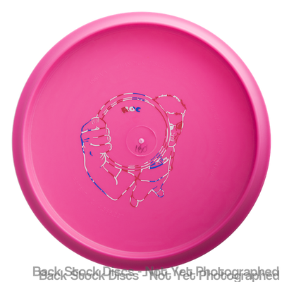 Pink Innova DX Roc bottom with a white, red, and blue line art "Roc" stamp of hands holding a record.