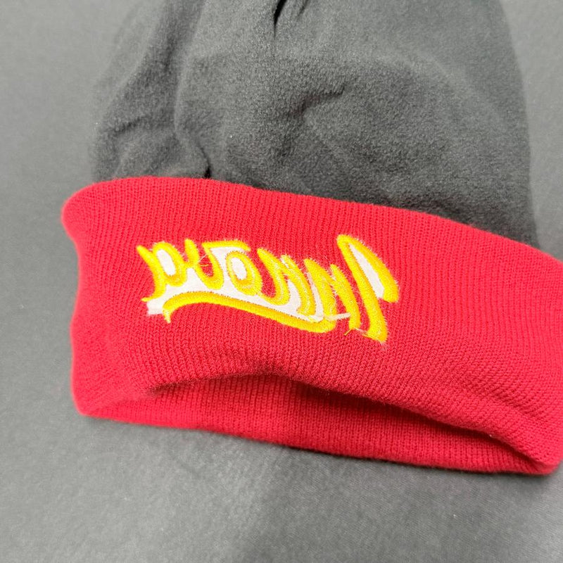 Gray Innova Flow Cuff Beanie with a red folded cuff and yellow embroidered Innova branding.