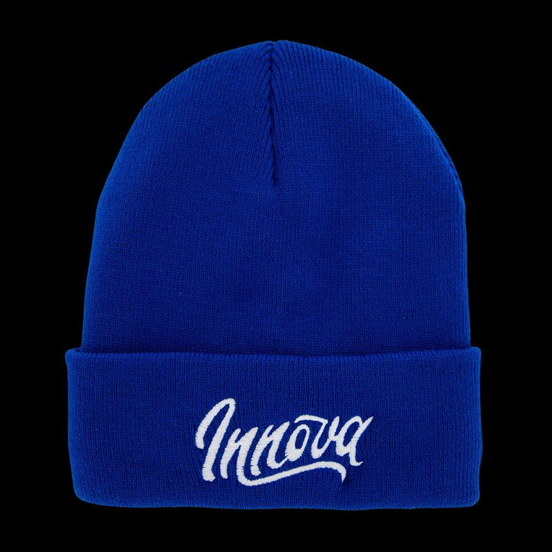 Royal blue knitted Innova Flow Cuff Beanie with white embroidered Innova script branding on the folded cuff.