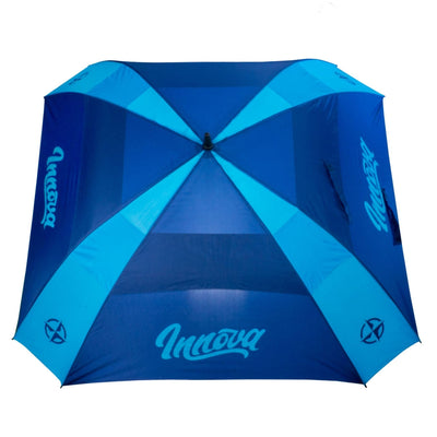 Blue and lighter blue Innova Flow Umbrella Arcade with a square canopy and multiple brand logos.