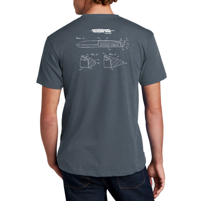 Gray Innova disc golf tee shirt with a white patent illustration for a disc on the back.
