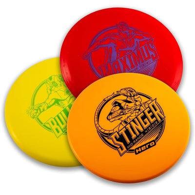 A red, yellow, and orange Innova Hero 3 disc golf starter set with Maximus, Bullfrog, and Stinger graphics.