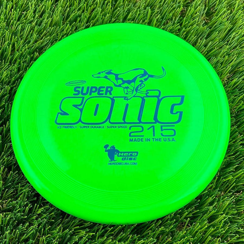 Bright green Innova Hero 215 Super Sonic disc with a blue running dog graphic and text.