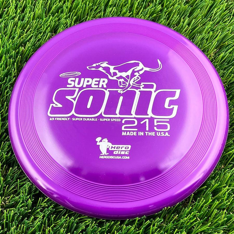 Purple Innova Hero Super Sonic 215 K9 friendly disc with a white dog graphic and text.
