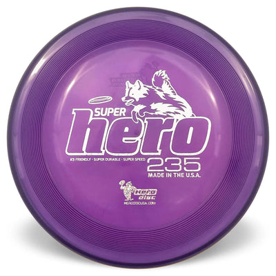 Dark purple Hero Super Hero 235 dog disc with a white jumping dog logo and readable text.