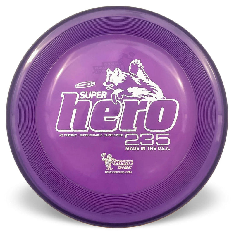 Dark purple Hero Super Hero 235 dog disc with a white jumping dog logo and readable text.