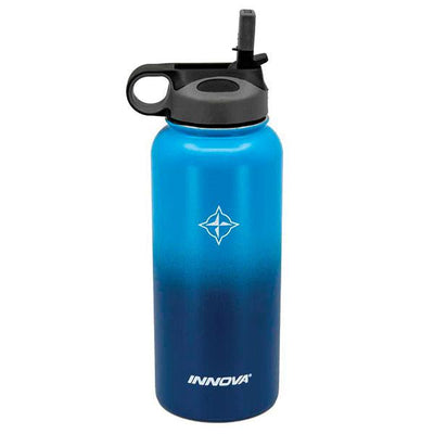 Innovative insulated canteen featuring a blue to navy gradient finish, a black straw top, and the Innova logo.