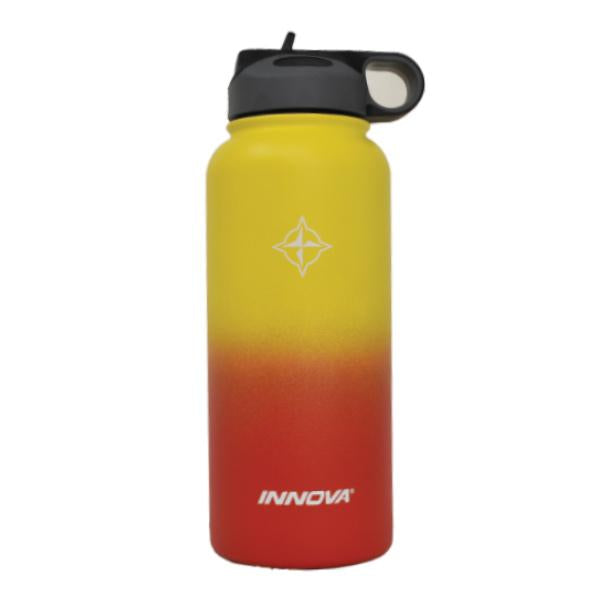 Innova insulated canteen with yellow to red gradient, a white compass logo, and a black sip lid with handle.