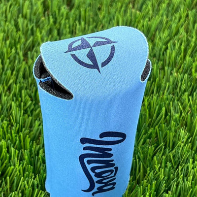 Light blue Innova tall coozie with black trim and two black Innova logos on the neoprene material.