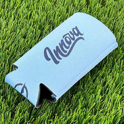 Light blue neoprene Innova tall coozie with the brand name printed in dark blue script across the front.