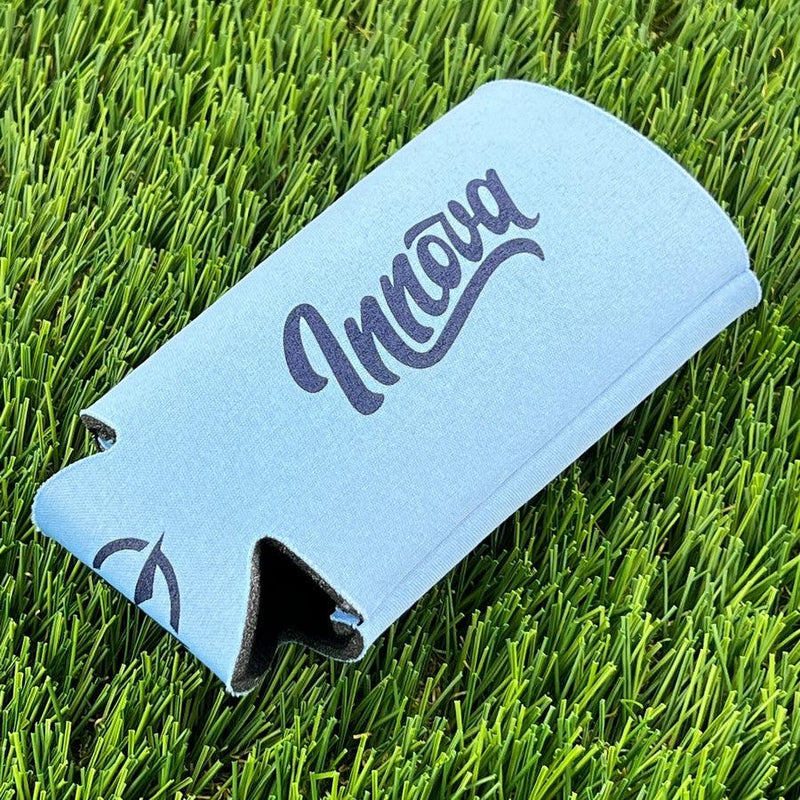 Light blue neoprene Innova tall coozie with the brand name printed in dark blue script across the front.